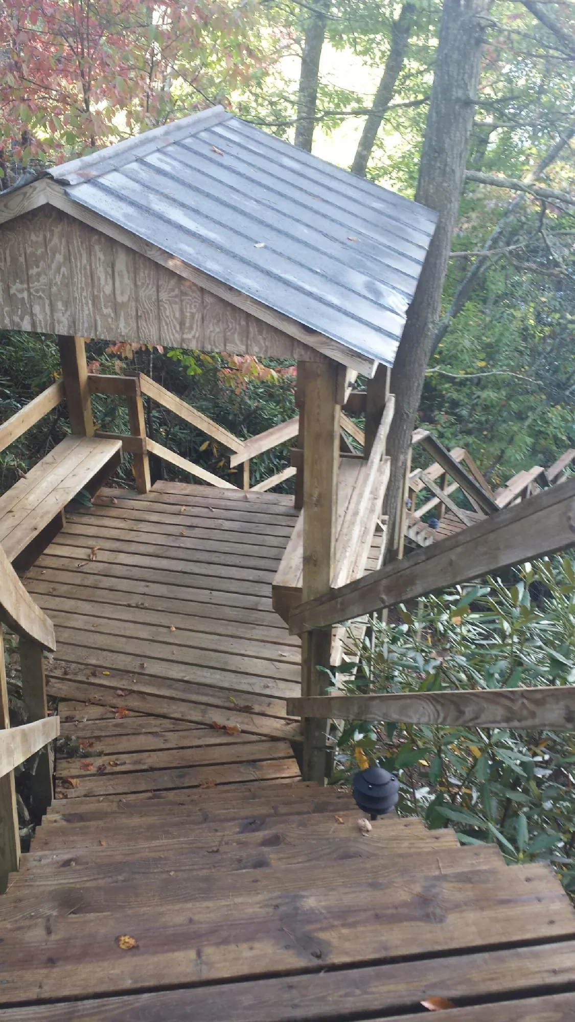 Metal roofed shelter over wooden steps on a wooded walkway — Skylight Repair & Installation work by our crew in Harveysburg